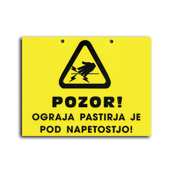 Opozorilna tablica, ki ponazarja napetost električne ograje za živali.